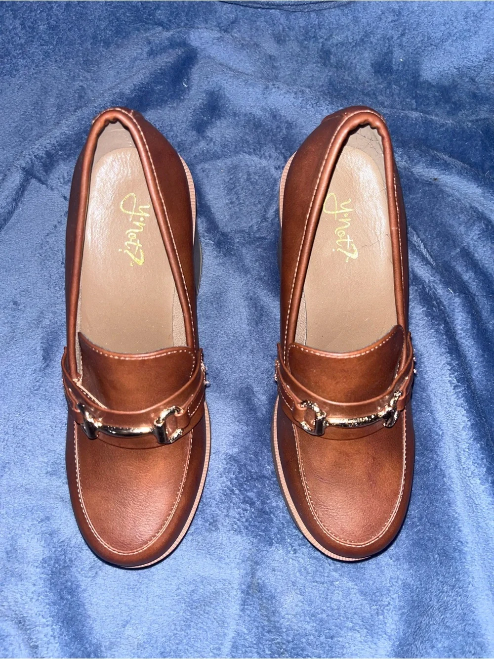 NWOT Style Cognac Platform Loafers Heeled Block Heels Gold Buckle size 8 M